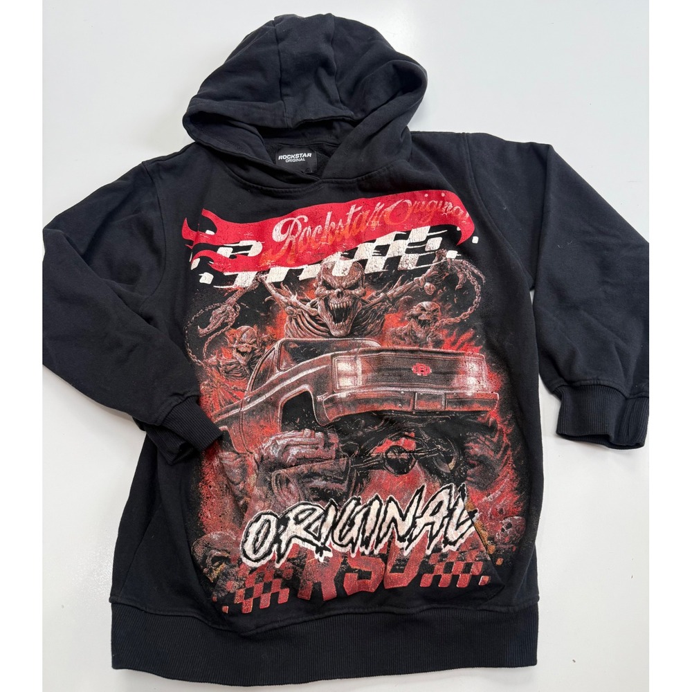 Rockstar Original Kids Black Skeleton Monster Truck Graphic Hoodie Size 14